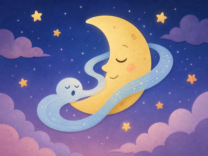 The Sleepy Yawn: The little yawn curls around the smiling moon in the quiet night sky.