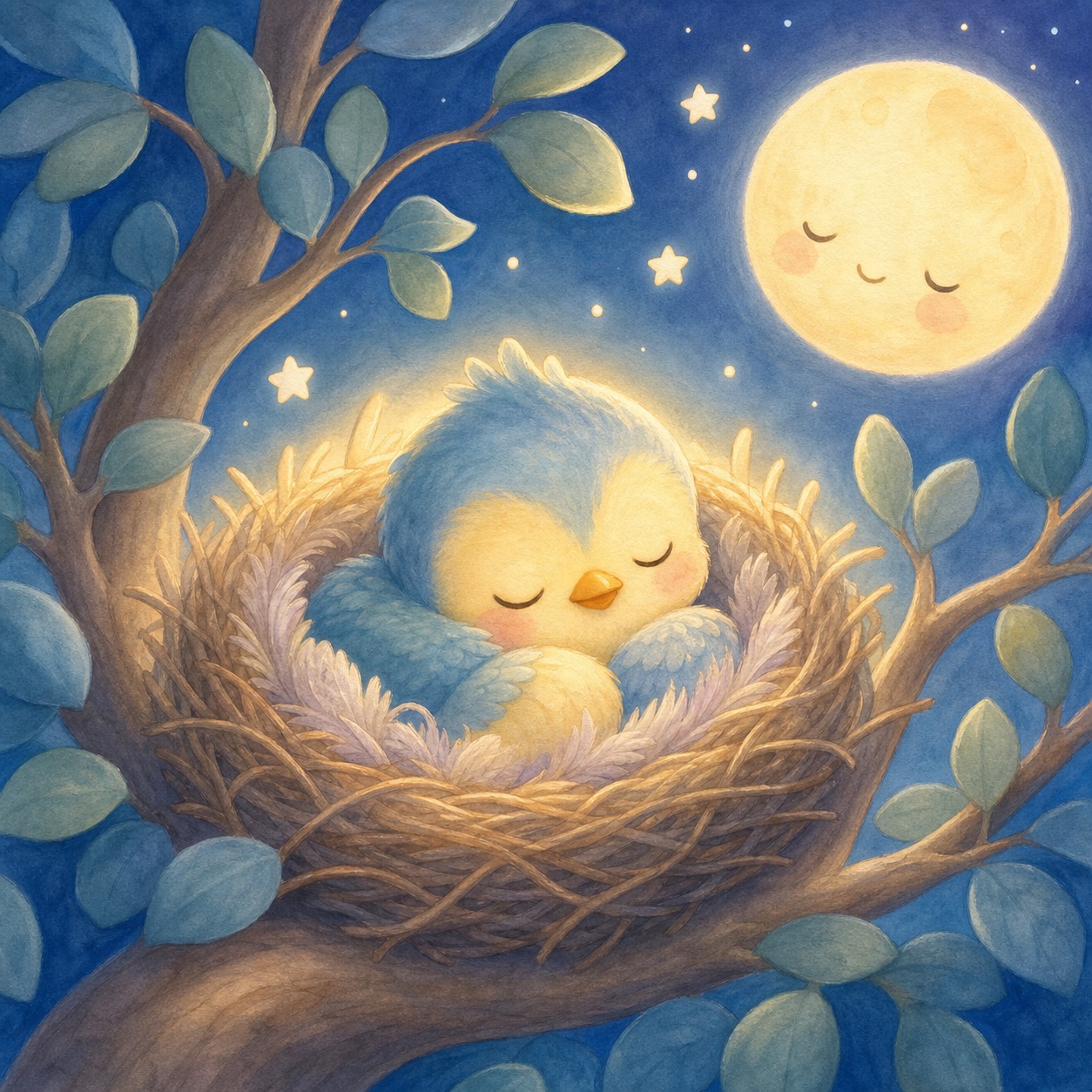 The Moon Says Goodnight: A baby bird sleeps in a nest while the moon wraps a soft glow around the branches.