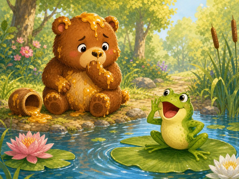 Tilly, la rana imitadora: Benny, el oso cubierto de miel, parece avergonzado cuando Tilly anuncia su dieta con miel.