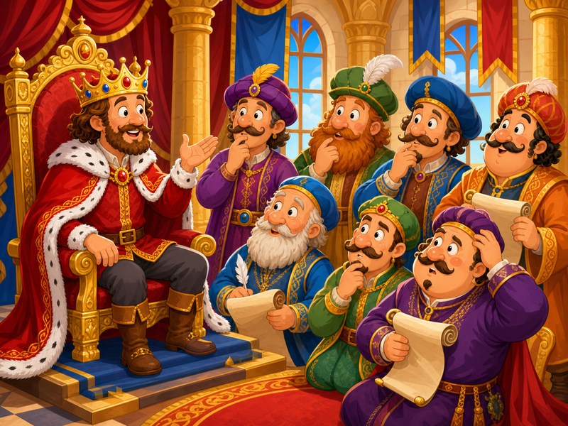 The Three Pennies: The king gives the riddle of the three pennies to seven confused royal counsellors.
