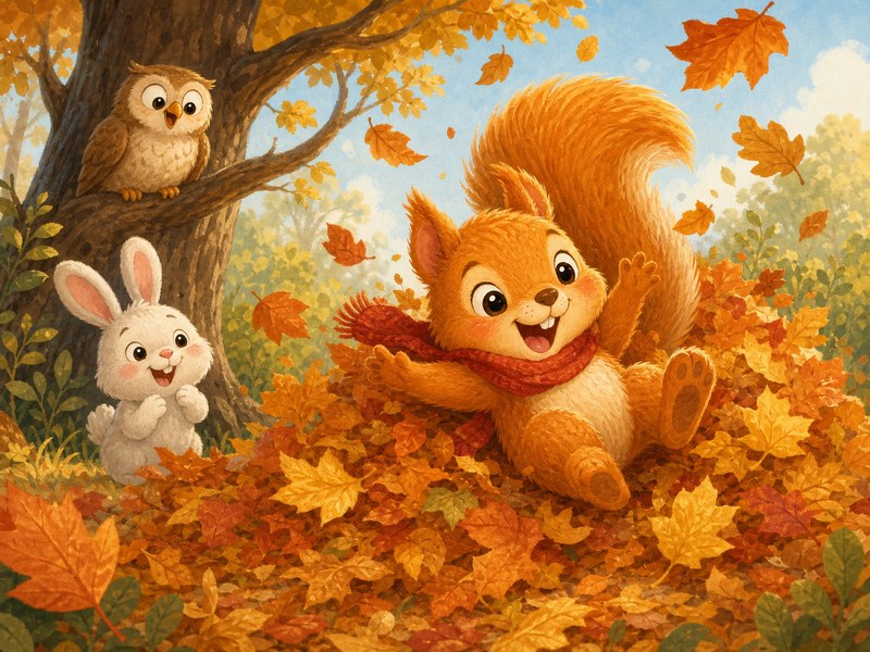 Nibbles and Skippy: Skippy slides through autumn leaves while the owl and bunny watch happily.