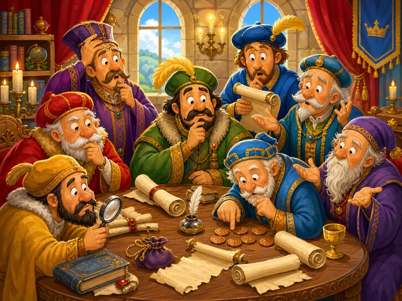 The Three Pennies: Seven royal counsellors try and fail to solve the riddle around a castle table.