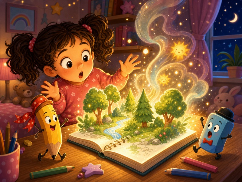 Pencilina, Rubert, and the Drawing That Came to Life: The sketchbook bursts with warm magic as Lily, Pencilina, and Rubert watch the drawing come alive.