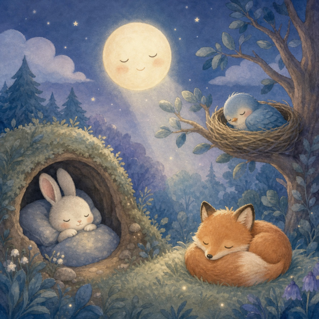 The Moon Says Goodnight: The rabbit, fox, and bird all sleep peacefully as moonbeams settle over the forest.