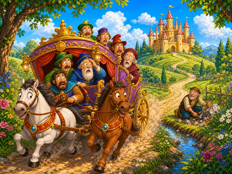 The Three Pennies: The seven counsellors ride from the castle to find the old stonebreaker.