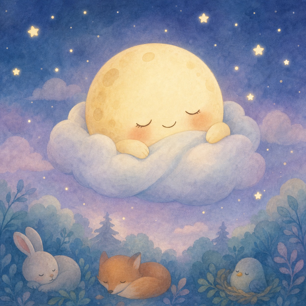 The Moon Says Goodnight: The sleepy moon rests on a soft cloud above the quiet goodnight forest.