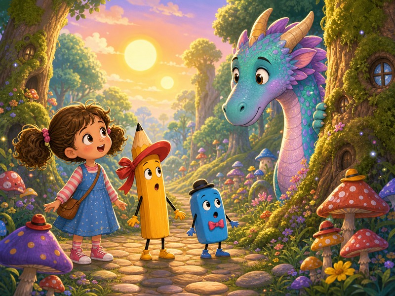 Pencilina, Rubert, and the Drawing That Came to Life: Lily, Pencilina, and Rubert arrive in the drawn forest under two suns as Articus peeks around a tree.