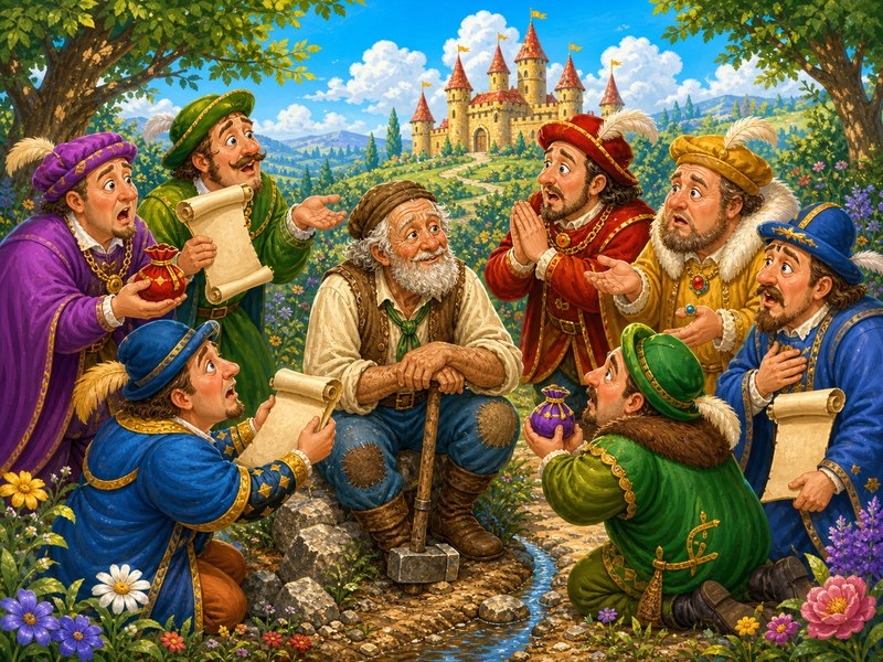 The Three Pennies: The counsellors plead with the old stonebreaker for the answer while he smiles calmly.