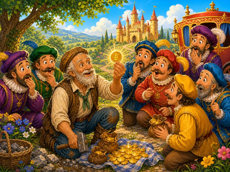 The Three Pennies: The old stonebreaker cleverly shows a gold coin with the king’s face to answer the counsellors.
