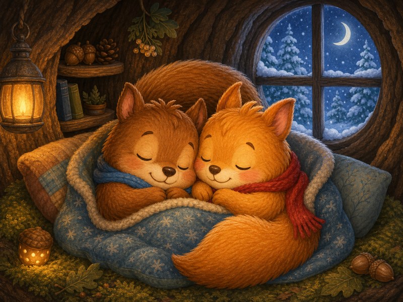 Nibbles and Skippy: The squirrel brothers sleep close together under a warm blanket while snow falls outside.