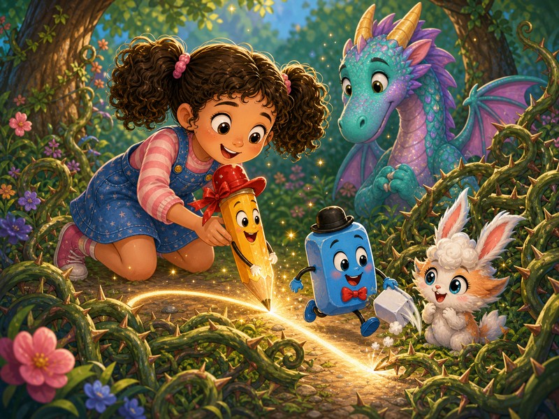 Pencilina, Rubert, and the Drawing That Came to Life: Pencilina draws a safe path while Rubert erases thorns to free the tiny creature.