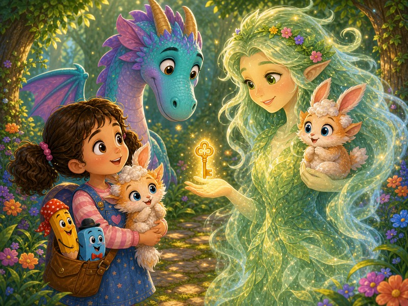 Pencilina, Rubert, and the Drawing That Came to Life: The shimmery forest lady thanks Lily and offers her a small glowing golden key.