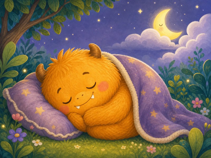 Yawnkin and the Great Big Yawn: Yawnkin curls into a cozy ball as the moon peeks through soft clouds.
