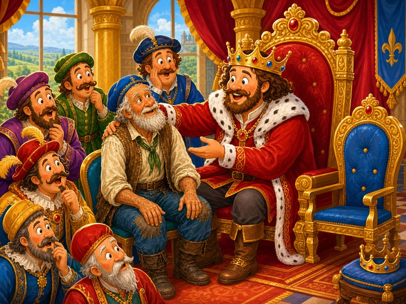 The Three Pennies: The king rewards the old stonebreaker and invites him to sit as a trusted adviser.