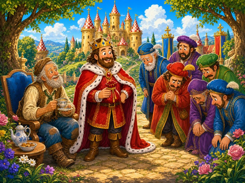 The Three Pennies: The king gives a gentle judgment while the wise old stonebreaker sits happily at court.