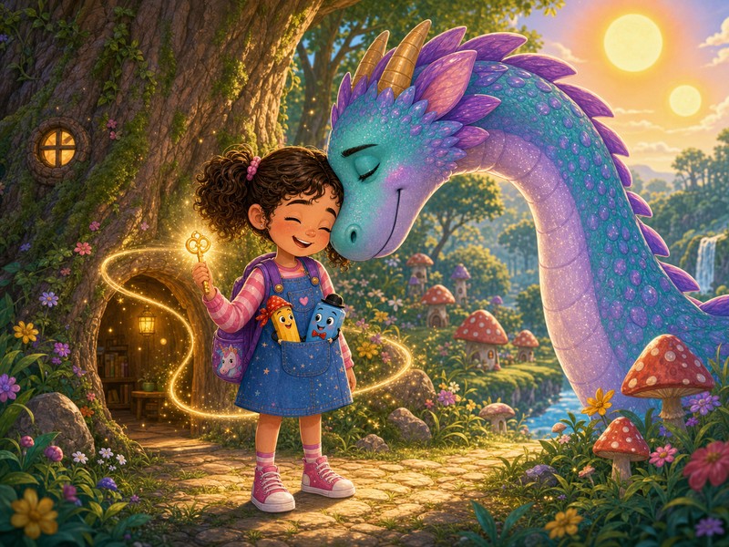 Pencilina, Rubert, and the Drawing That Came to Life: Lily holds the golden key before the hollow tree doorway as Articus says goodbye.