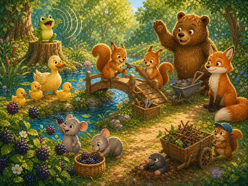 Tilly, la rana imitadora: los anuncios de Tilly ayudan a los ratones, ardillas, patitos, osos, zorros y amigos del bosque.