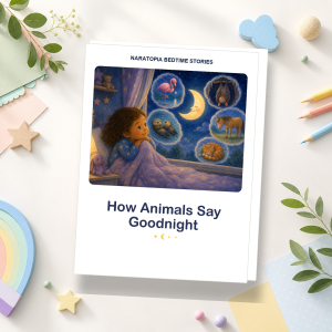 How Animals Say Goodnight PDF product cover with Nora, the moon, and sleepy animals on a Naratopia printable story mockup