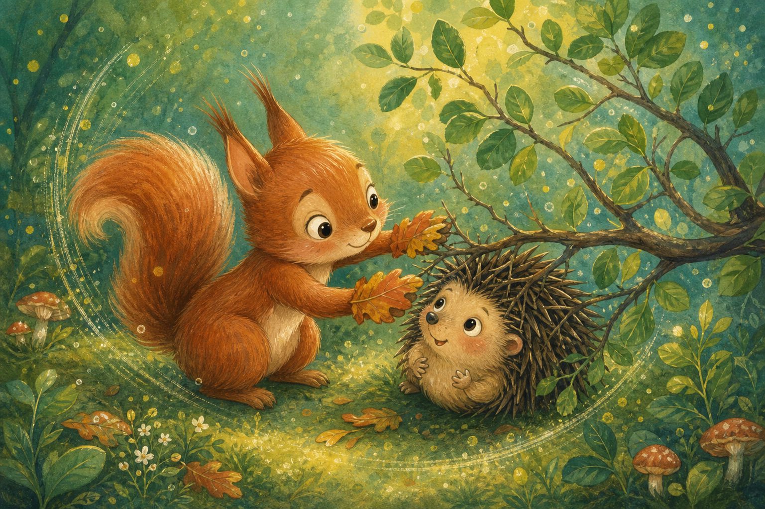 Rosie the squirrel uses soft leaves to help a hedgehog caught under a branch.