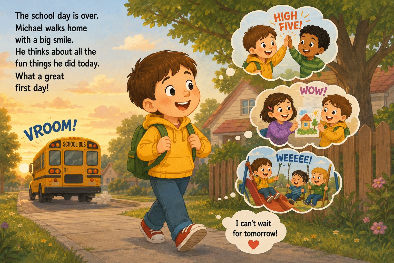 Michael walks home after school with a big smile, remembering his fun first day.