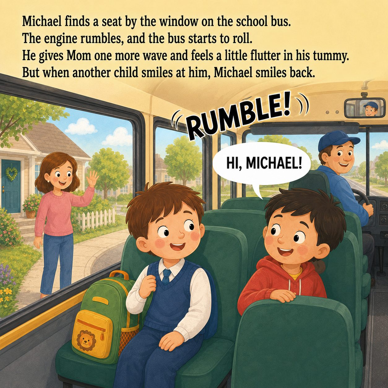 Michael sits by the window on the school bus and smiles at a friendly child.