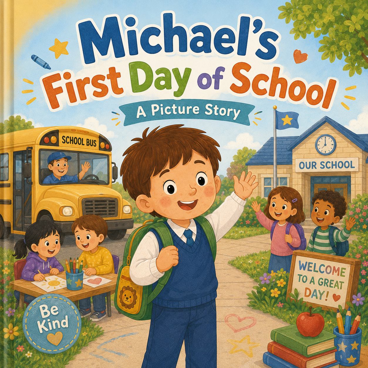 Cover for Michael's First Day of School, showing Michael smiling outside school with a school bus and classmates.