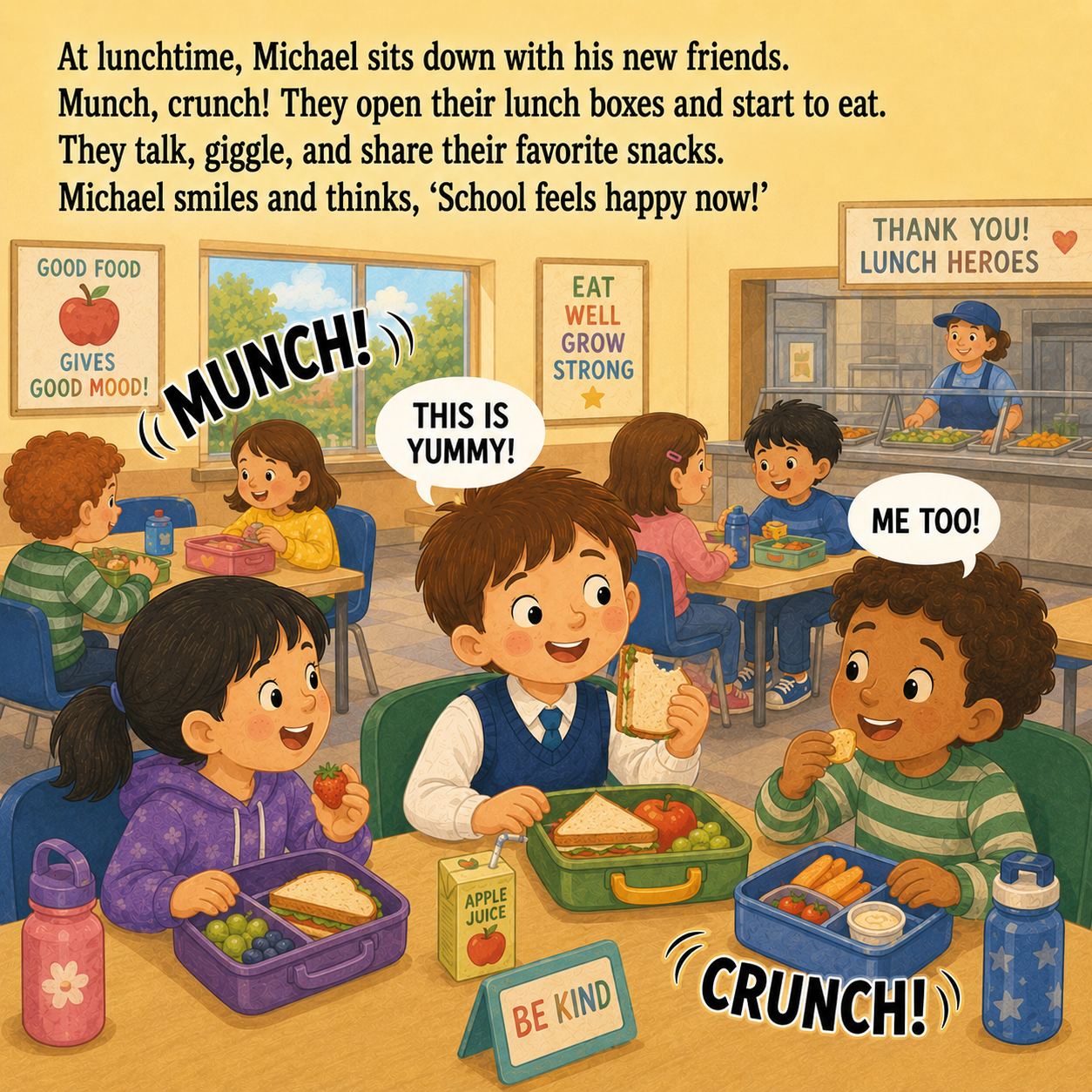 Michael eats lunch with new friends and smiles at the school table.