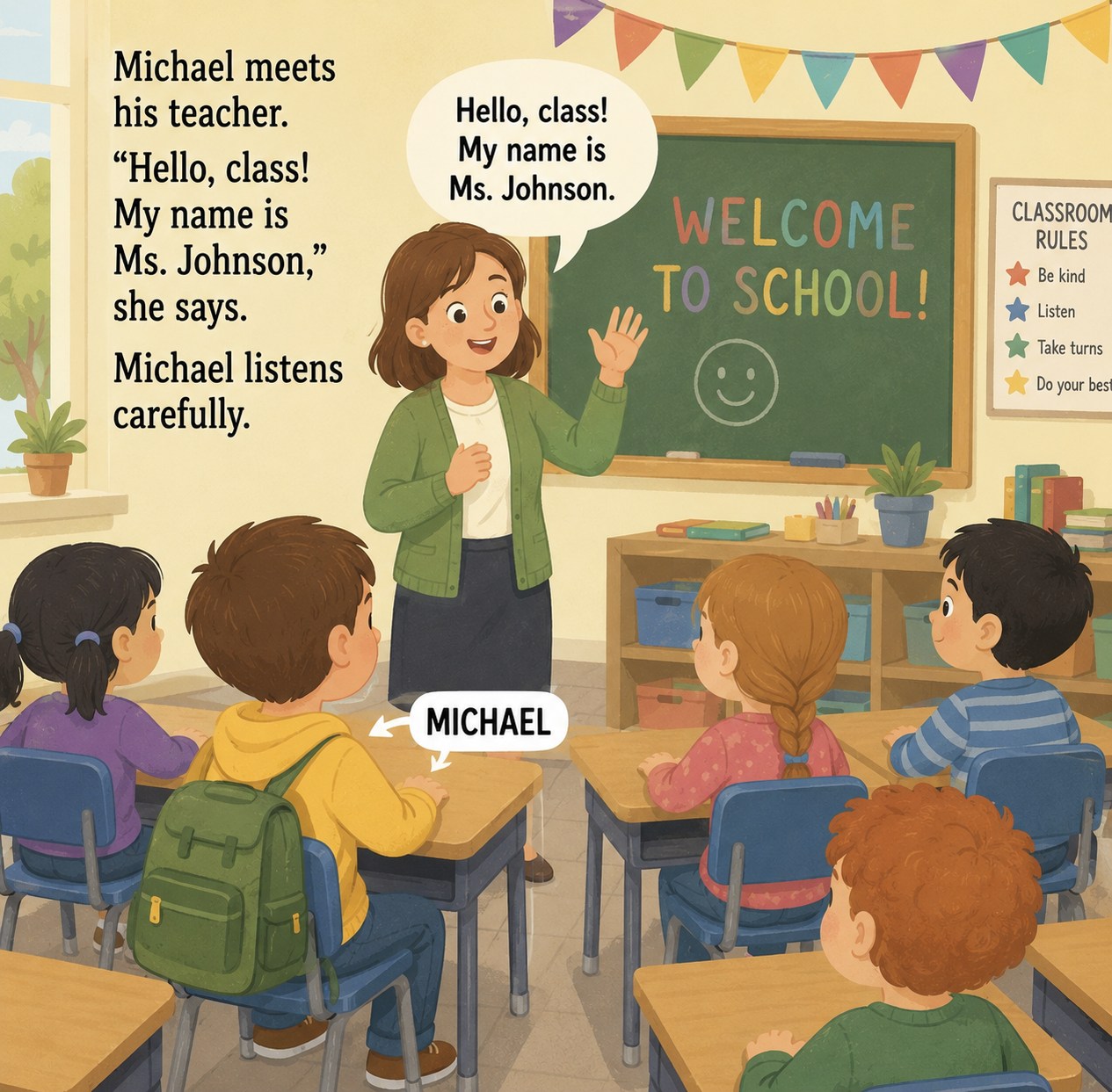 Michael sits in class and listens as Ms. Johnson welcomes everyone to school.