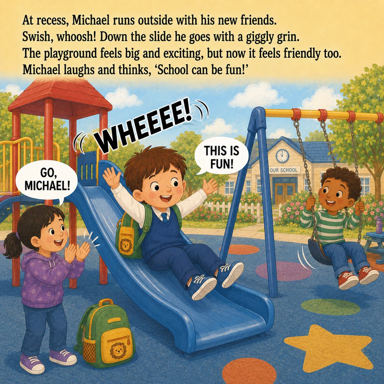 Michael plays on the slide with new friends during recess at school.