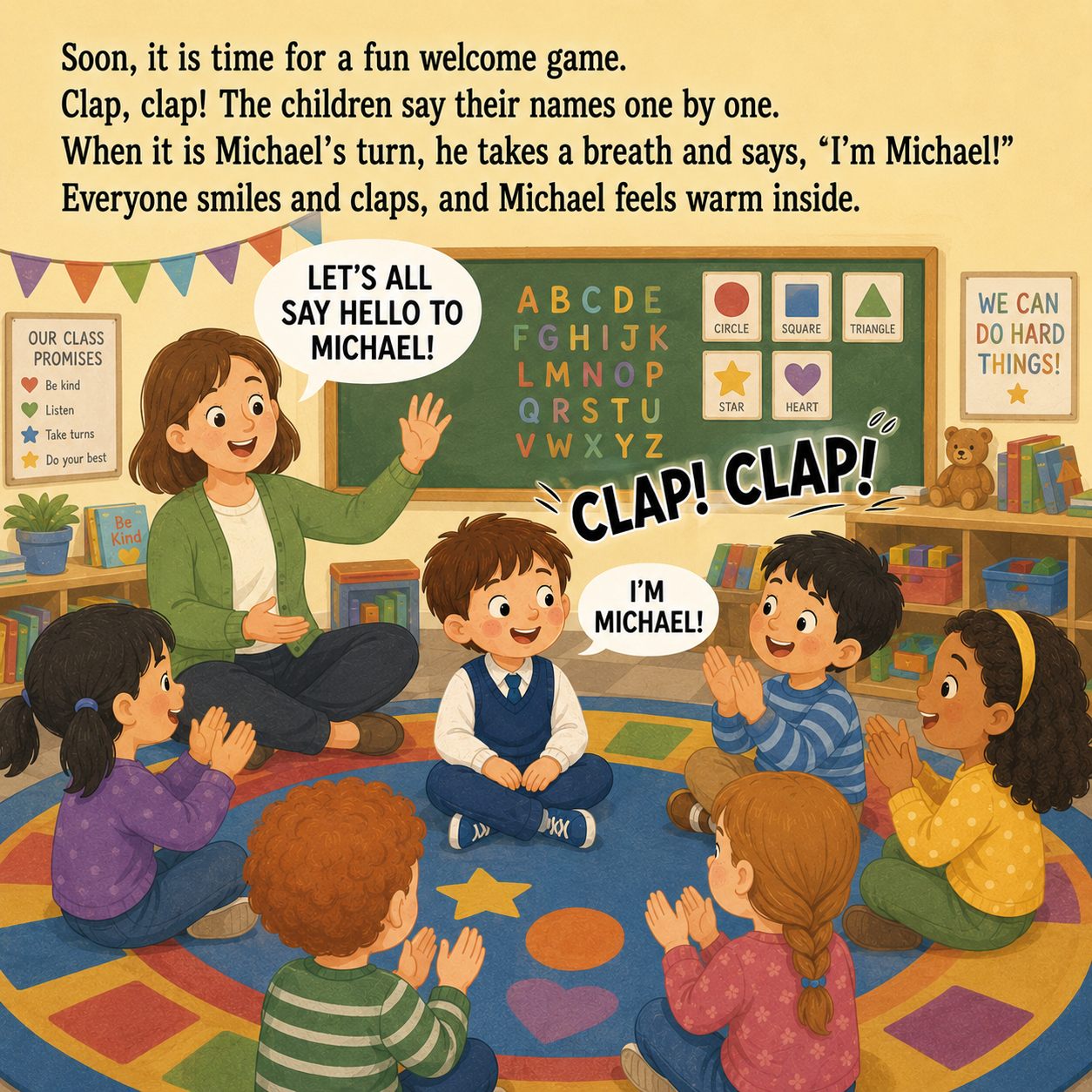 Michael joins a welcome game while his teacher and classmates clap and say hello.