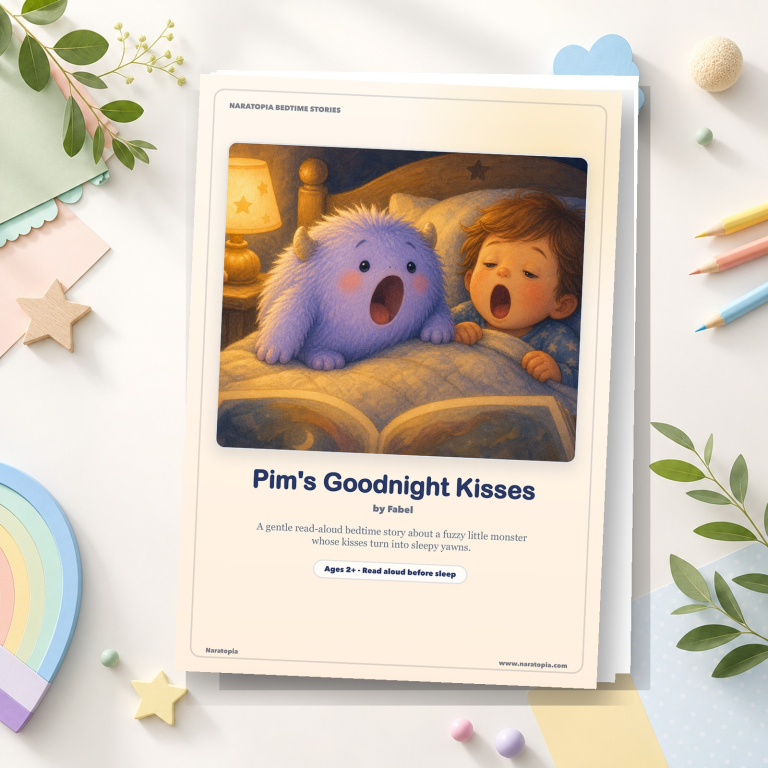 El PDF imprimible del cuento antes de dormir Besos de buenas noches de Pim se muestra como una maqueta de papel de Naratopia