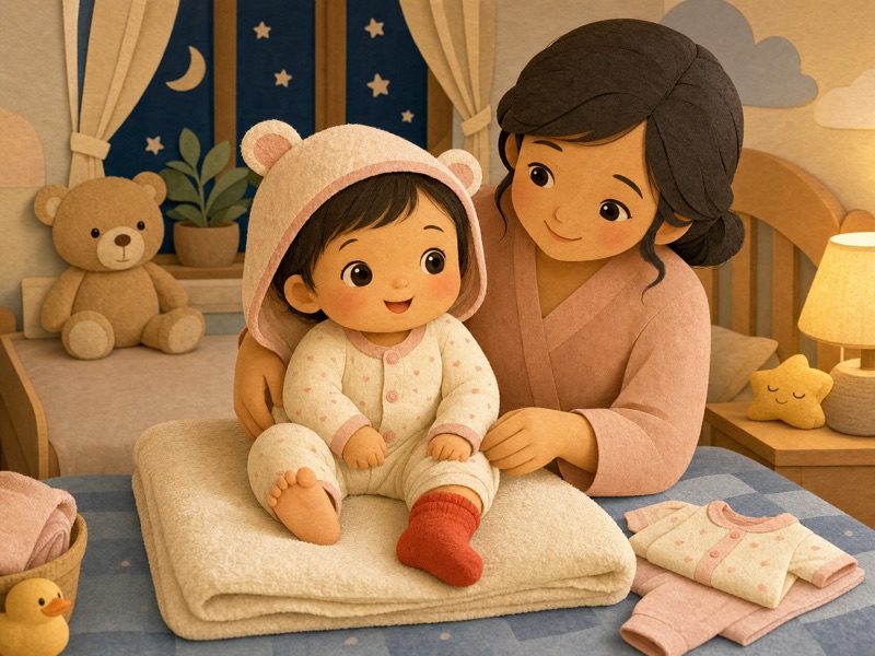 Mimi and the Warm Red Sock: A warm original Naratopia baby storybook cover illustration: baby Mimi in clean pajamas on a soft changing mat, one red sock on one foot and one bare