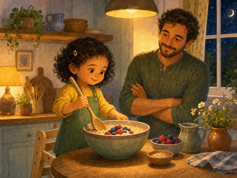 The Wobbly Wooden Spoon: Warm original children's storybook cover illustration in a cozy kitchen: little Lena with short dark curls, a yellow long-sleeve shirt under green