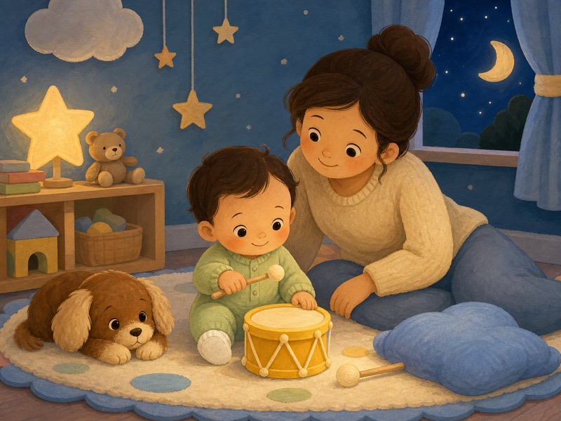 Bibi Taps Softly: Soft gouache picture-book cover illustration for a baby story: Bibi, a baby in a pale green romper and white socks, sits on a soft play mat beside a