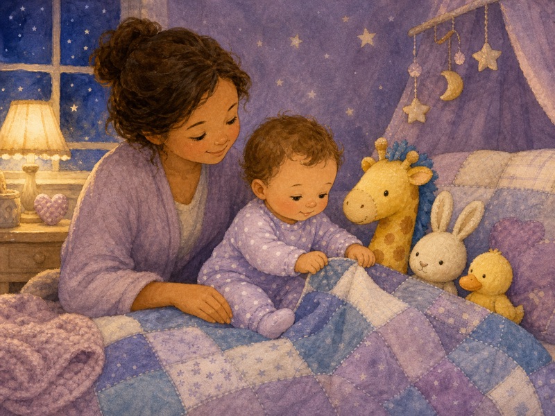 Nell Tucks In Tall Giraffe: Original soft bedtime storybook cover illustration with no typography: Nell, a baby in pale lavender pajamas with tiny white dots, sits on a