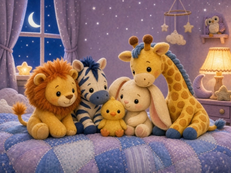 The Cozy Middle: Original soft bedtime storybook cover illustration with no typography: five gentle baby animal friends sit together on a blue-and-lavender patchwork