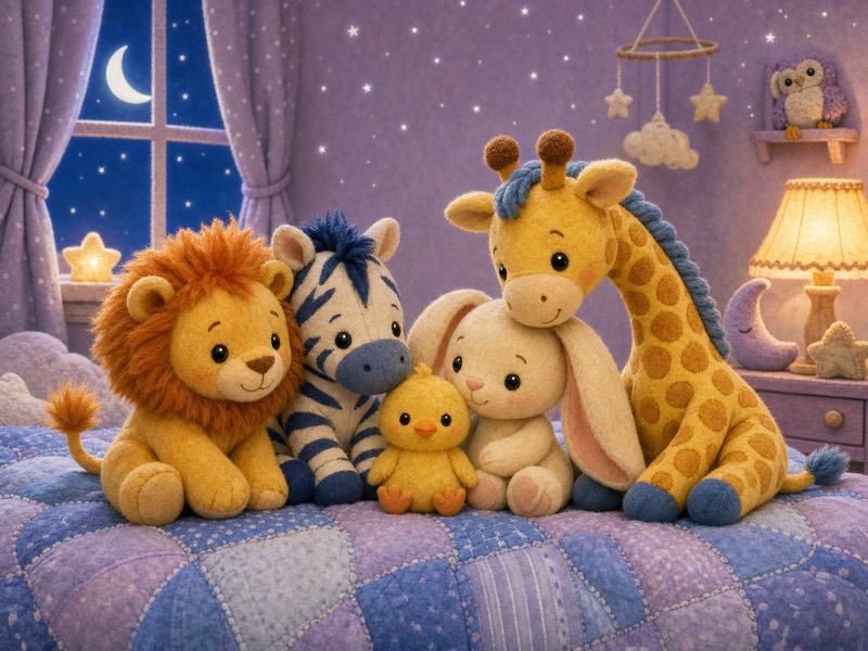 The Cozy Middle: Original soft bedtime storybook cover illustration with no typography: five gentle baby animal friends sit together on a blue-and-lavender patchwork