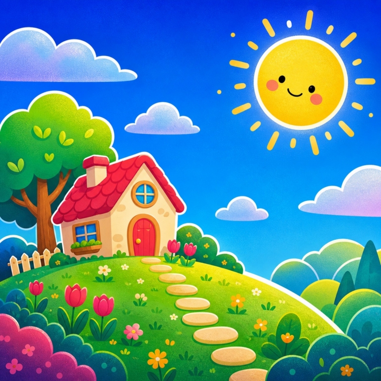 A bright little hill shows the yellow sun, red rooftops, green grass, and blue sky before evening.