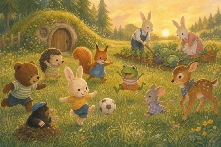 Benny the little bunny plays soccer on a golden meadow with seven animal friends while his parents garden nearby.