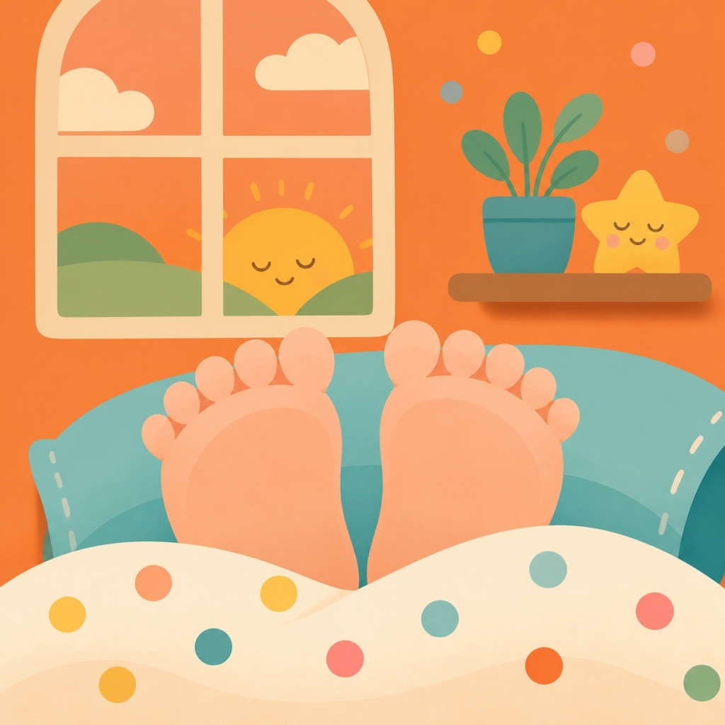 Ten Little Toes: Ten tiny baby toes peek from a soft blanket in a warm nursery at sunset.