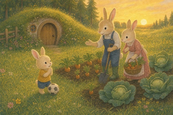 Mommy and Daddy rabbit gently call Benny for bedtime beside the carrot and cabbage garden.