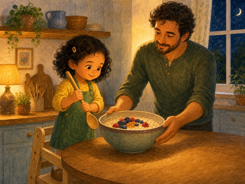 The Wobbly Wooden Spoon: Cozy kitchen scene before stirring: Lena in the same yellow shirt and green overalls stands safely on a little step at the clean table, holding the