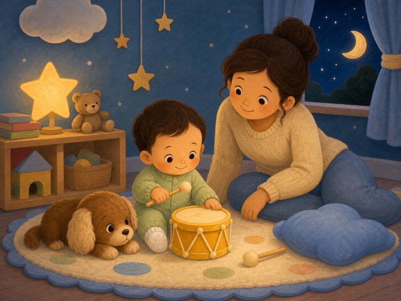 Bibi Taps Softly: Bibi, the baby in the same pale green romper and white socks, picks up one soft round drum stick and taps a small yellow drum on the play mat while