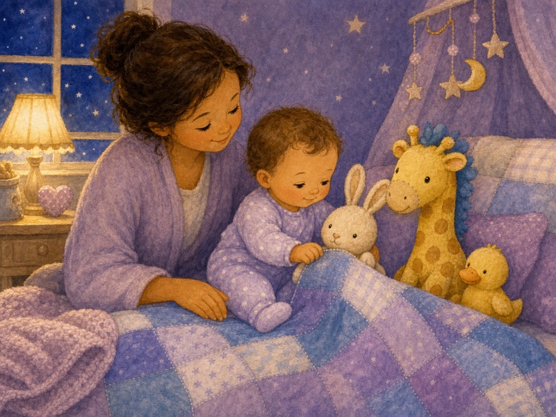 Nell Tucks In Tall Giraffe: Soft bedtime storybook illustration in watercolor and fabric-collage texture: Nell, a baby in pale lavender pajamas with tiny white dots, sits safely