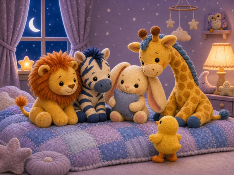 The Cozy Middle: Leo Lion, Zizi Zebra, Gigi Giraffe, and Bibi Bunny sit calmly on a blue-and-lavender patchwork quilt in a lavender starry nursery. Bibi Bunny clearly