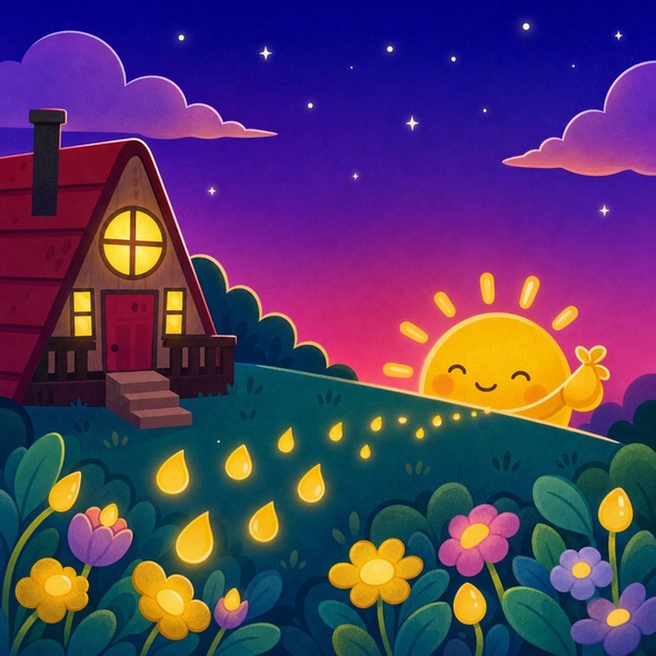 The yellow sun carries glowing yellow drops down behind the little hill.