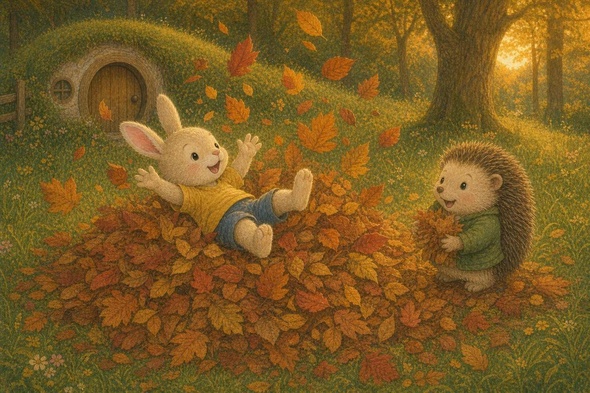 Benny jumps into Prickle the hedgehog's big pile of bedtime leaves as autumn leaves fly into the air.