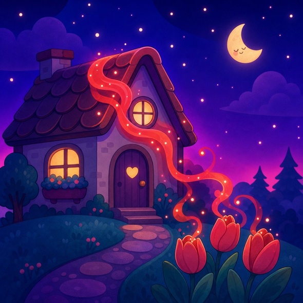 Red color slides from the roof and curls into closing tulips for the night.