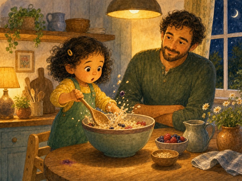 The Wobbly Wooden Spoon: Gentle funny moment in the cozy kitchen: Lena in the same yellow shirt and green overalls has stirred too fast with the wooden spoon; one small