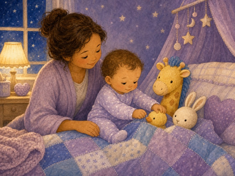 Nell Tucks In Tall Giraffe: Soft bedtime storybook illustration in watercolor and fabric-collage texture: Nell, a baby in pale lavender pajamas with tiny white dots, sits safely